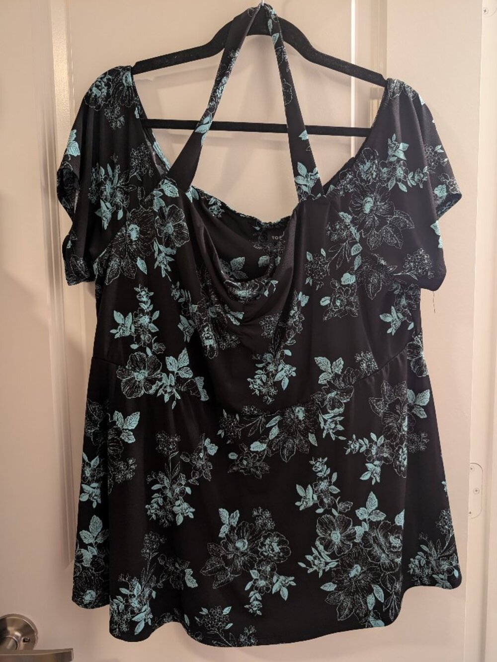 Torrid Black and Teal Cold Shoulder Blouse, Plus 3X Halter Style